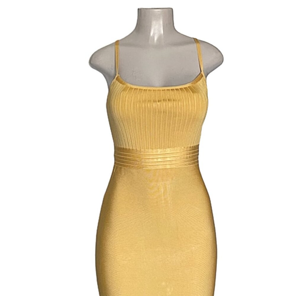 Golden Tone Maxi Bandage Dress – Ribbed Bodice  Spaghetti Straps  Sculpted Fit - Picture 8 of 9